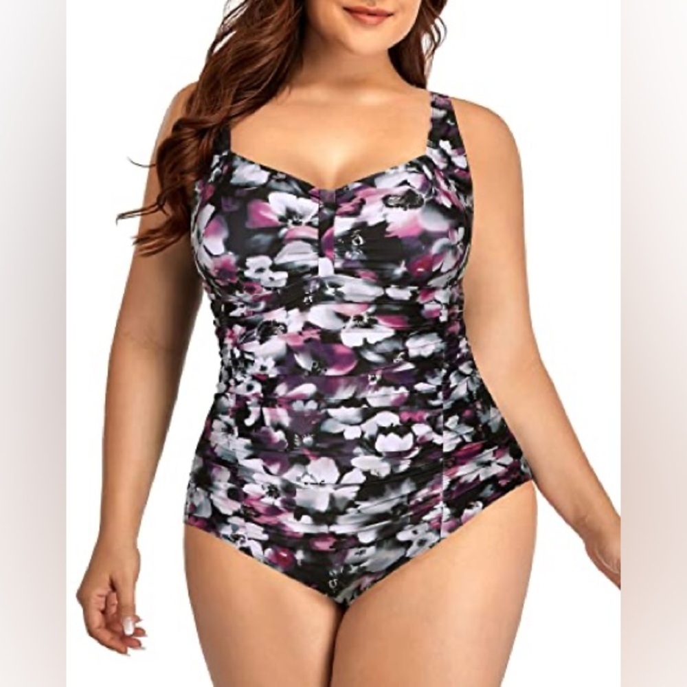 Sweetheart Neckline Backless One Piece Swimsuit-Purple Floral nwt